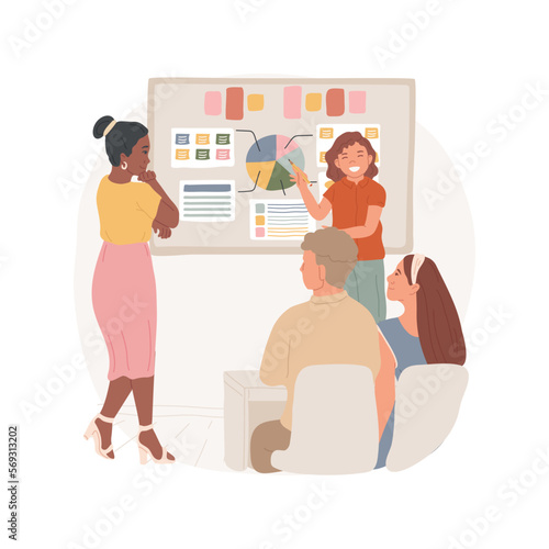 Portfolio presentation isolated cartoon vector illustration. Student presents portfolio to parents and teacher, sit in a classroom, showing work, telling about study plan vector cartoon.