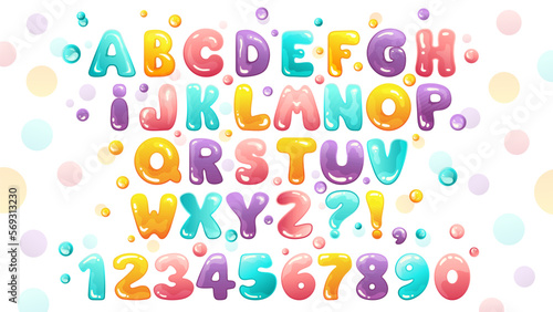 Bubble Gum font with alphabet letters and numbers. Vector cartoon decorative illustration for kids design.