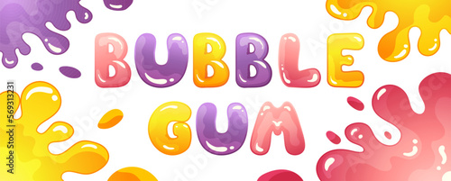 Cute Bubble Gum text lettering with colorful letters and splashes around. Vector trendy illustration in cartoon style