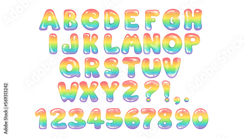 Rainbow cute font with colorful letters, numbers and signs. Gradient letter set isolated on white background. Vector cartoon illustration