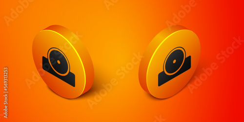 Isometric Otolaryngological head reflector icon isolated on orange background. Equipment for inspection the patients ear, throat and nose. Orange circle button. Vector