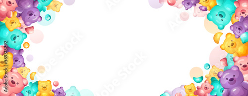 Jelly bear frame. Colorful border with marmalade, worms, candies and sweets. Vector template isolated on white background