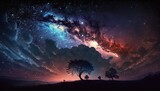 dreamlike gradient sky at night time with nature landscape, idea for background wallpaper, Generative Ai

