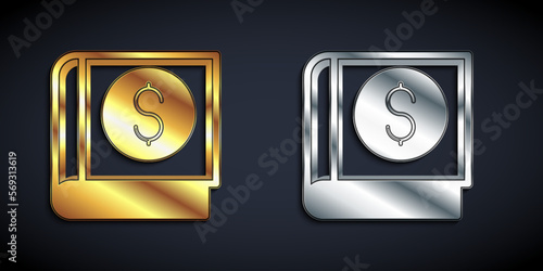 Gold and silver Financial book icon isolated on black background. Long shadow style. Vector