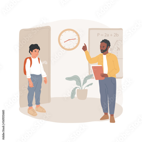 Lateness to classes isolated cartoon vector illustration. Student is being late to school, opens the door in classroom, teacher pointing on watch, punctuality problem, careless vector cartoon.