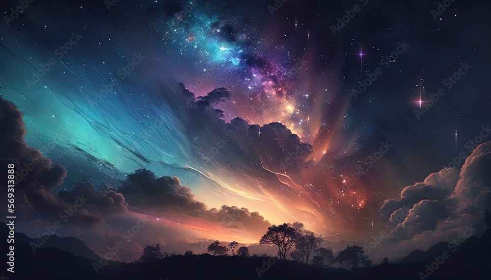 dreamlike gradient sky at night time with nature landscape, idea for background wallpaper, Generative Ai
