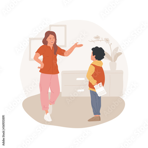 Getting bad marks isolated cartoon vector illustration. Child is hiding a worksheet with bad mark from parent behind is back, poor learning achievement, low academic performance vector cartoon.