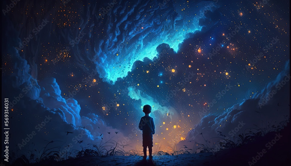 illustration of a boy looking at night starry sky with glitter glow galaxy flicker above, idea for prayer of hope, love, peace theme, Generative Ai
 - obrazy, fototapety, plakaty 