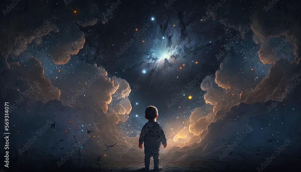 illustration of a boy looking at night starry sky with glitter glow ...
