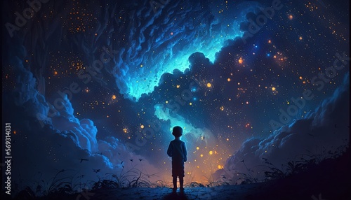 illustration of a boy looking at night starry sky with glitter glow galaxy flicker above, idea for prayer of hope, love, peace theme, Generative Ai 