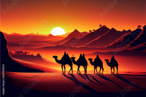 Silhouettes of several Bedouins on camels against the backdrop of sunset. Arabian desert.