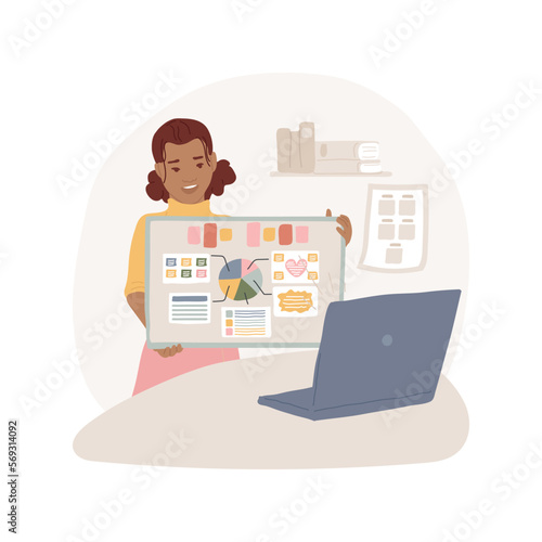 Presentation isolated cartoon vector illustration. Teenage girl presenting her project online via computer, pandemic education study, adolescent doing school homework vector cartoon.