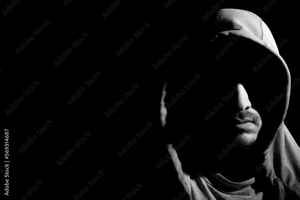 Black and white horizontal portrait shot of mysterious young bearded ...
