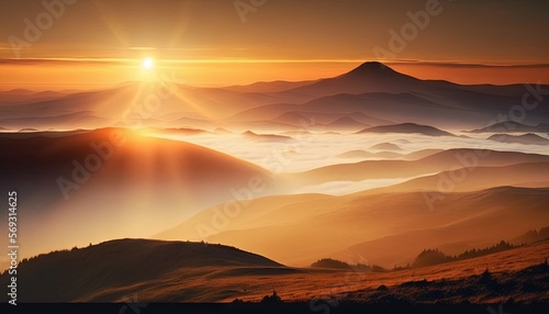  the sun is setting over the mountains in the distance, with fog in the foreground and a hazy sky in the distance, with a few clouds in the foreground. generative ai