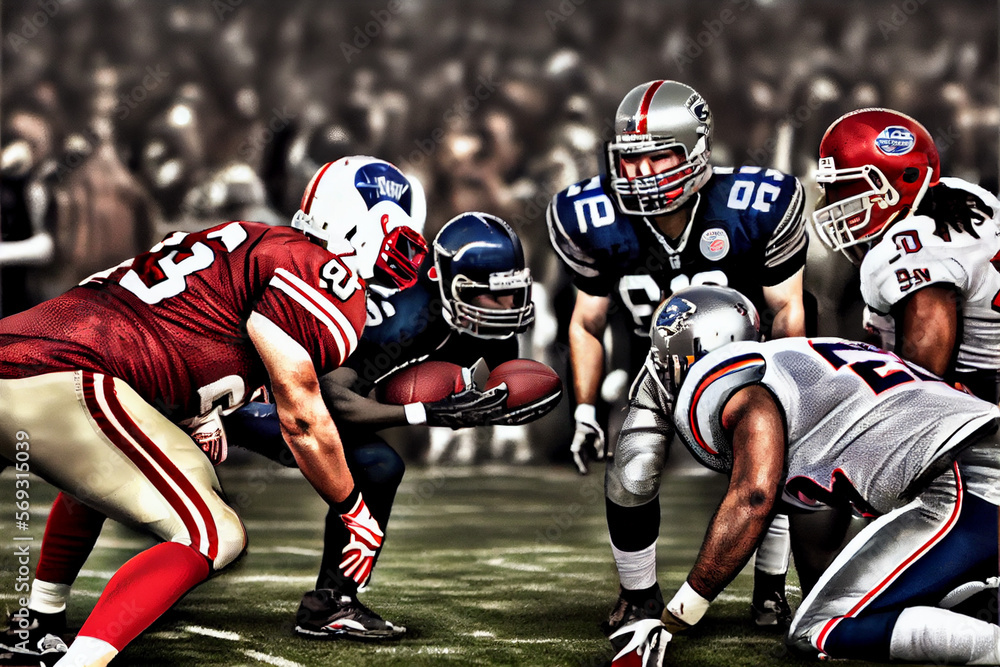 Abstract illustration, American football players in the super bowl game, fighting for the ball.