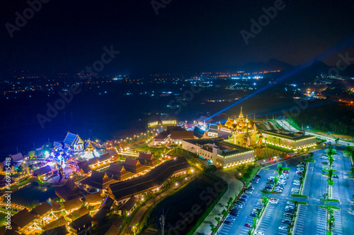 Colorful aerial view of Legend Siam with symphony light show at night, Pattaya Thailand. Select focus.