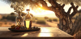 golden olive oil bottle on wooden table olive field in morning sunshine with copyspace area