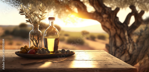Fotografiet golden olive oil bottle on wooden table olive field in morning sunshine with cop