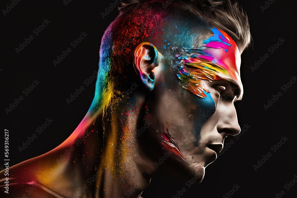 Professional Color Photography of a Perfectly Anatomized Man with Airbrushed Facial Paint Side