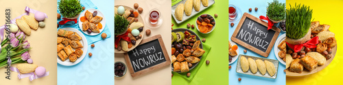 Collage of festive compositions for Novruz Bayram celebration on color background