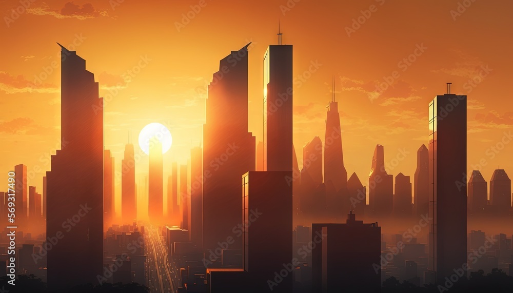  the sun is setting over a city with skyscrapers in the foreground and a hazy sky in the background, with a few clouds in the foreground.  generative ai