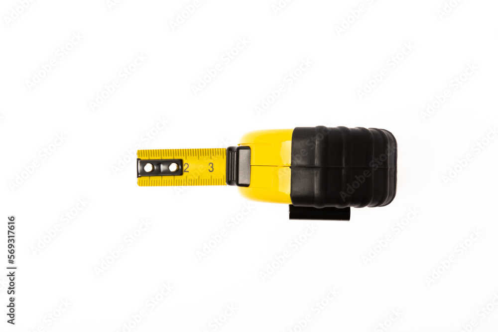 Yellow black measuring tape isolated on white background. Tape measure isolated on white background. Construction tool. Yellow black measuring tape isolated on white background. Tape measure isolated on white background. Construction tool.