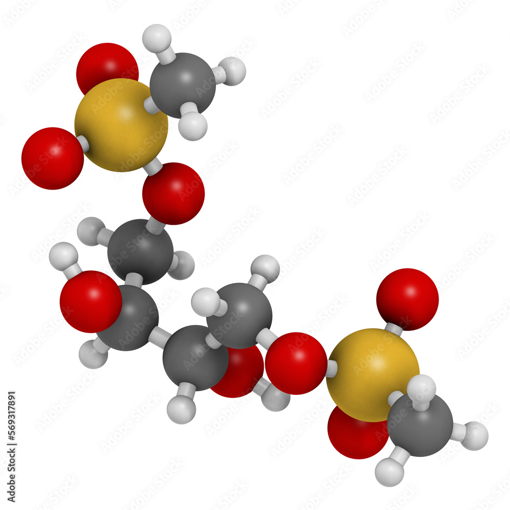 Treosulfan drug molecule. 3D rendering. Treosulfan drug molecule. 3D rendering.