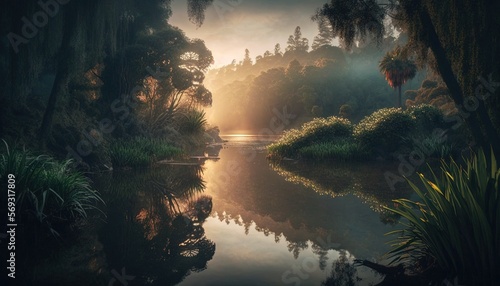  a river surrounded by lush green trees and a forest filled with lots of tall grass and palm trees at the end of the river is a sunset.  generative ai