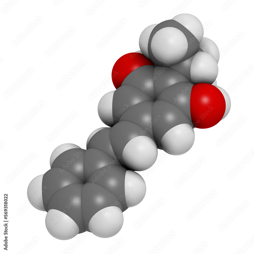 Tapinarof psoriasis drug molecule. 3D rendering. Tapinarof psoriasis drug molecule. 3D rendering.