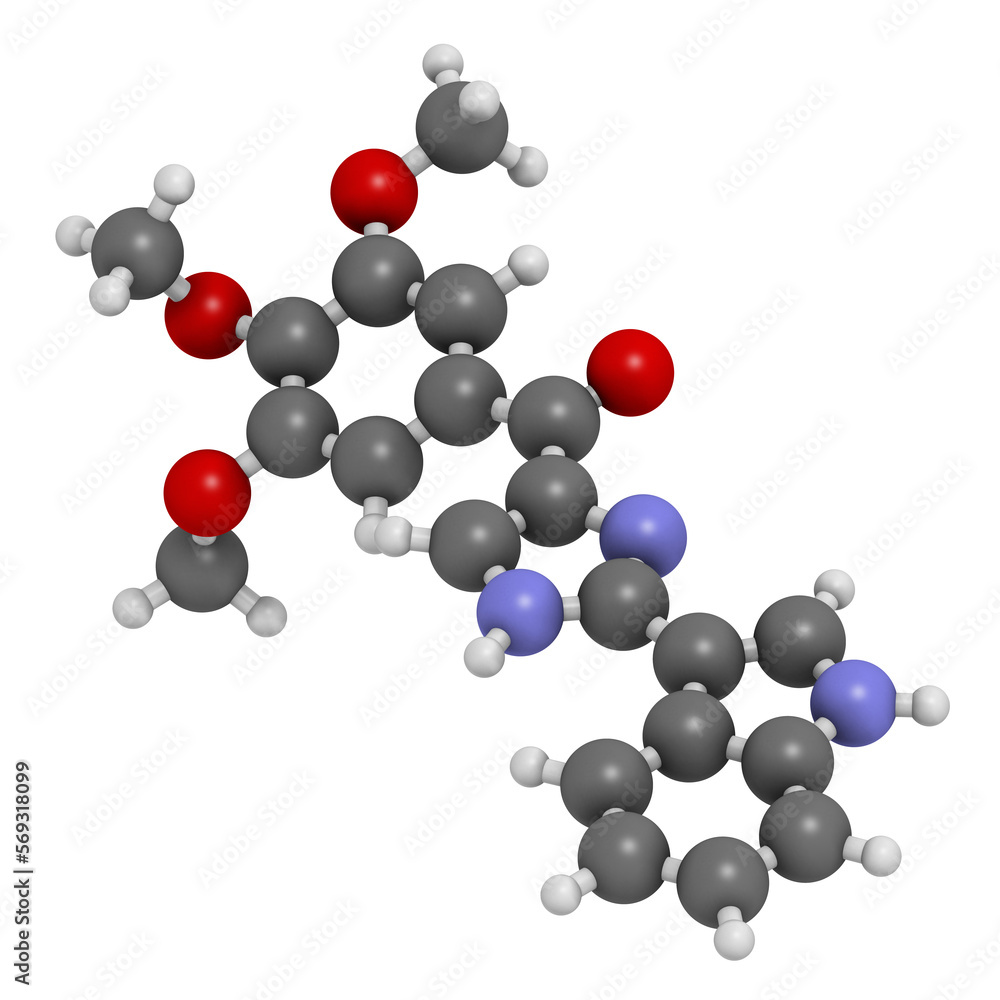 Sabizabulin drug molecule. 3D rendering. Sabizabulin drug molecule. 3D rendering.
