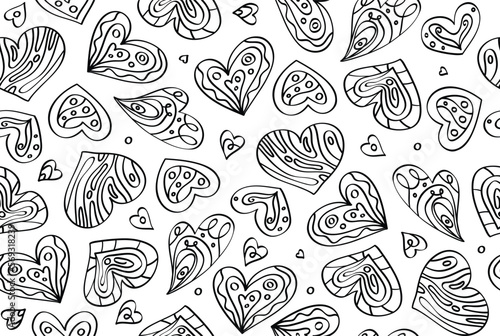 Vector seamless hearts pattern, black silhouettes isolated on white.