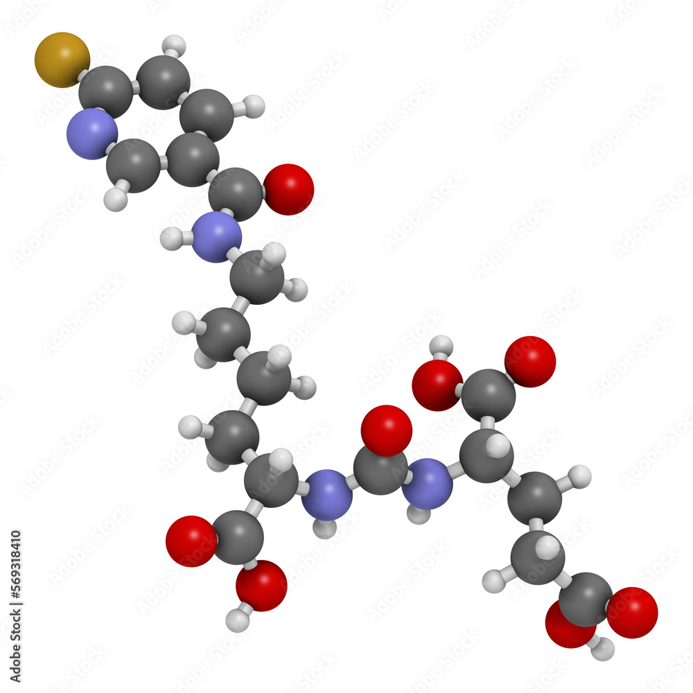 Piflufolastat F-18 radioactive diagnostic molecule. 3D rendering. Piflufolastat F-18 radioactive diagnostic molecule. 3D rendering.
