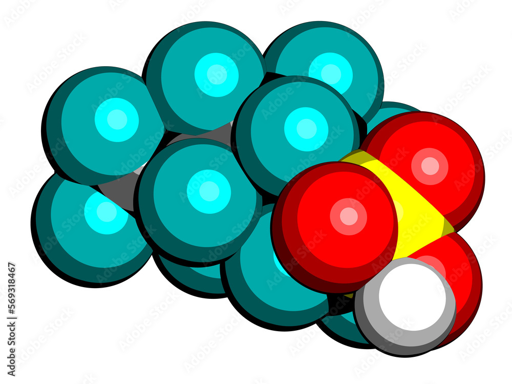 Perfluorohexanesulfonic acid (PFHxS) molecule. 3D rendering. Perfluorohexanesulfonic acid (PFHxS) molecule. 3D rendering.