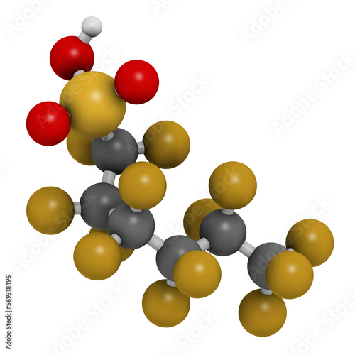 Perfluorohexanesulfonic acid (PFHxS) molecule. 3D rendering. © molekuul.be