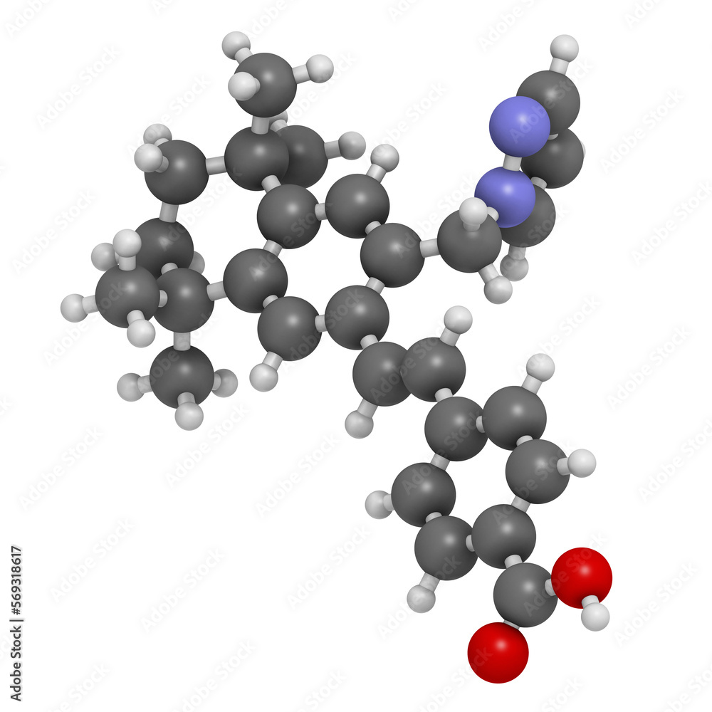 Palovarotene drug molecule. 3D rendering. Palovarotene drug molecule. 3D rendering.