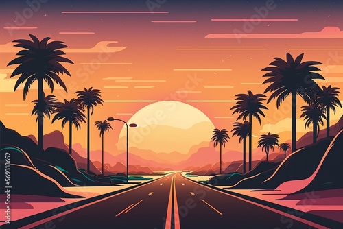 cartoon illustration, tropical sunset and road with palm trees, ai generative