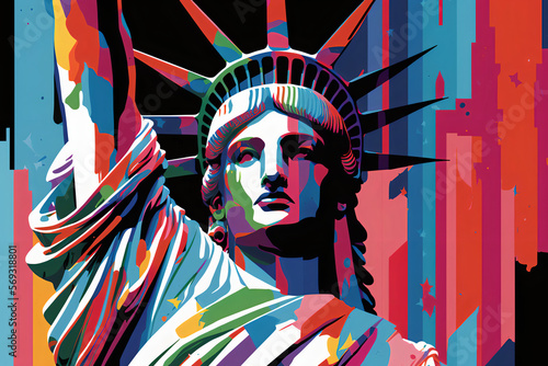 The Statue of Liberty is depicted in bold, vibrant colors, American flag colors being used as the main palette. The essence of this iconic symbol of freedom and democracy. Generative AI