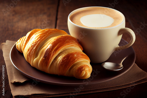 Frisch gebackenes Croissant und eine Tasse Kaffee - Generative Ai