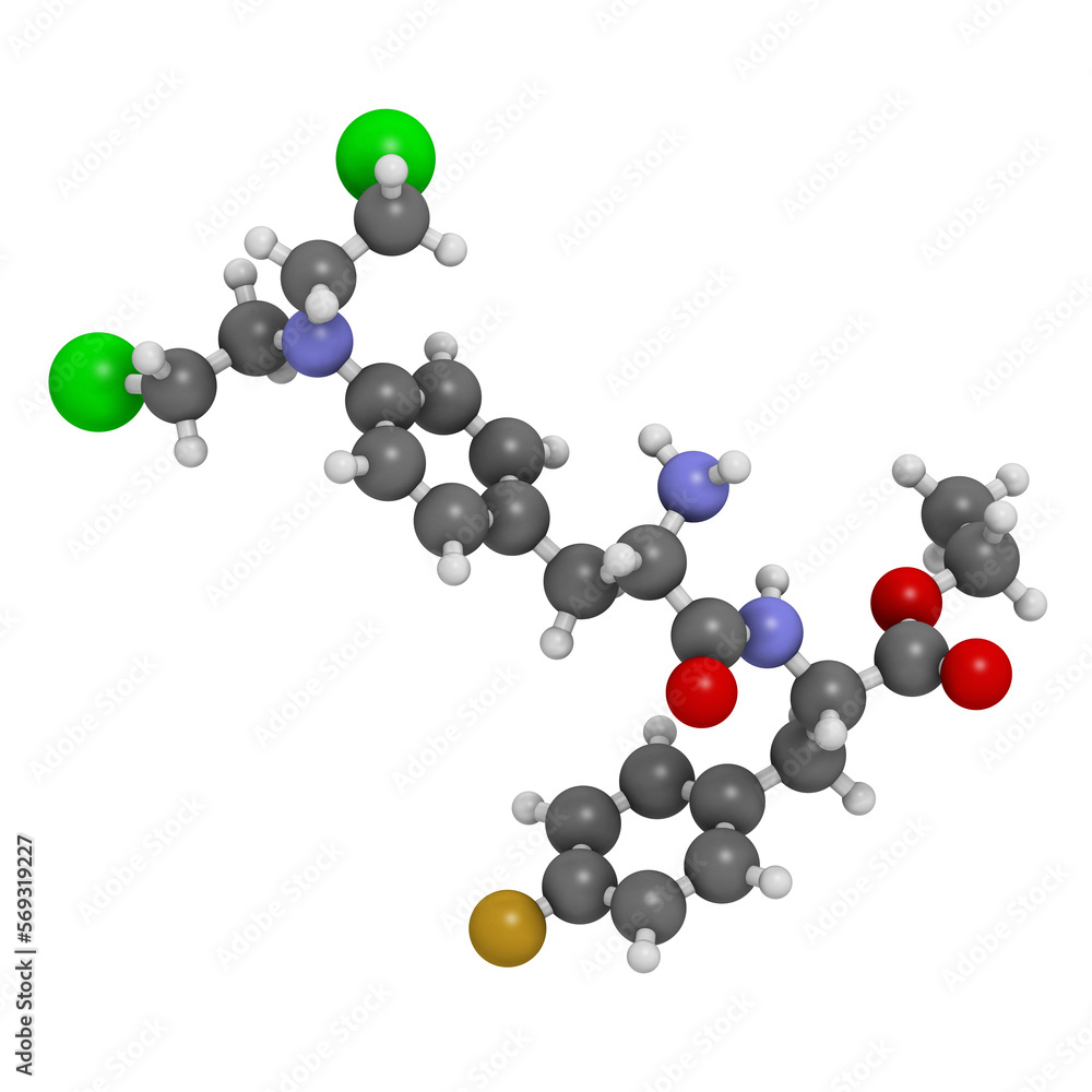 Melphalan flufenamide cancer drug molecule. 3D rendering. Melphalan flufenamide cancer drug molecule. 3D rendering.