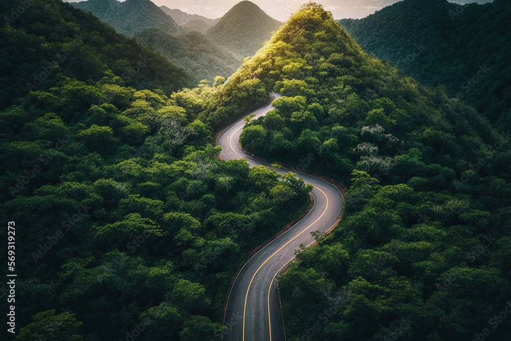 Road in the middle of the forest , road curve construction up to mountain, Rainforest ecosystem and healthy environment concept, road, landscape, mountain, forest, travel, nature, highway, sky, 