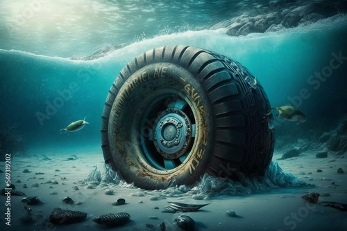 Garbage and flat tires thrown to the bottom of the ocean. Generative Ai. 