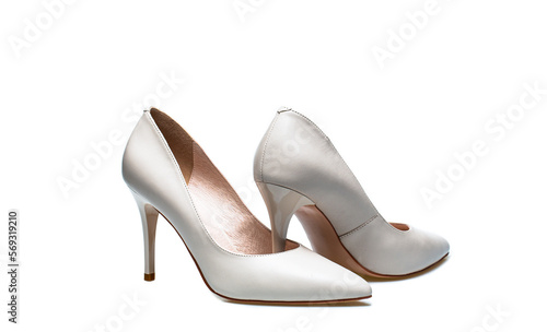 Fashionable women shoes isolated on white background. Stylish classic women leather shoe. White high heel women shoes on white background. White shoe for women. Beauty and fashion concept