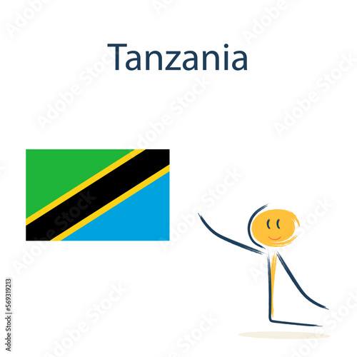 Character with the flag of Tanzania. Teaching children geography and countries of the world