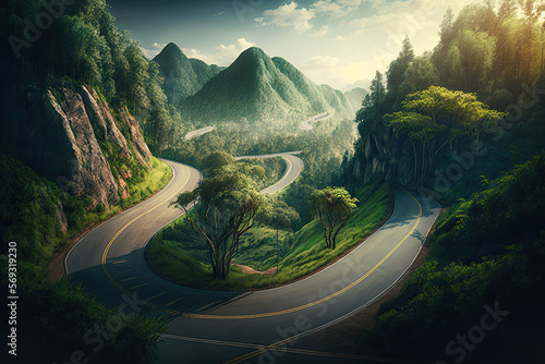 Road in the middle of the forest , road curve construction up to mountain, Rainforest ecosystem and healthy environment concept, road, landscape, mountain, forest, travel, nature, highway, sky, 