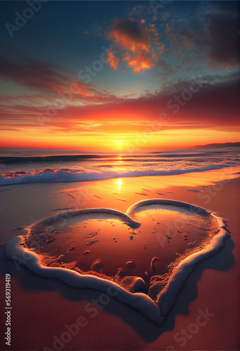 St. valentine's day romantic heart in the beach. romantic sunset sunlight. Romantic beach with a big heart. Heart shape in a beach, heart made of sand in a beach with a lovely  and romantic sunset