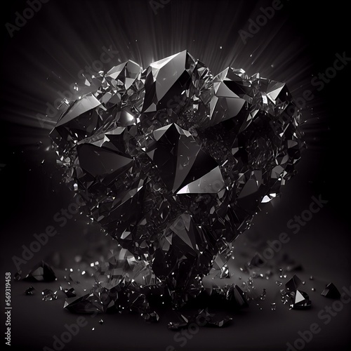 Shiny Black diamond gem isolated on black background. Natural precious mineral stone artistic illustration. Decorative Black diamond crystal gemstone realistic square poster.