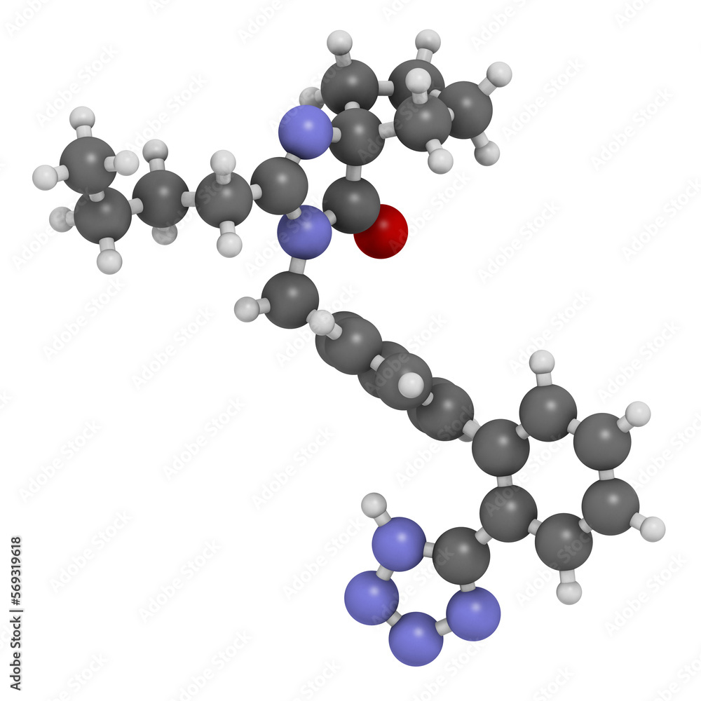 Irbesartan drug molecule. 3D rendering. Irbesartan drug molecule. 3D rendering.