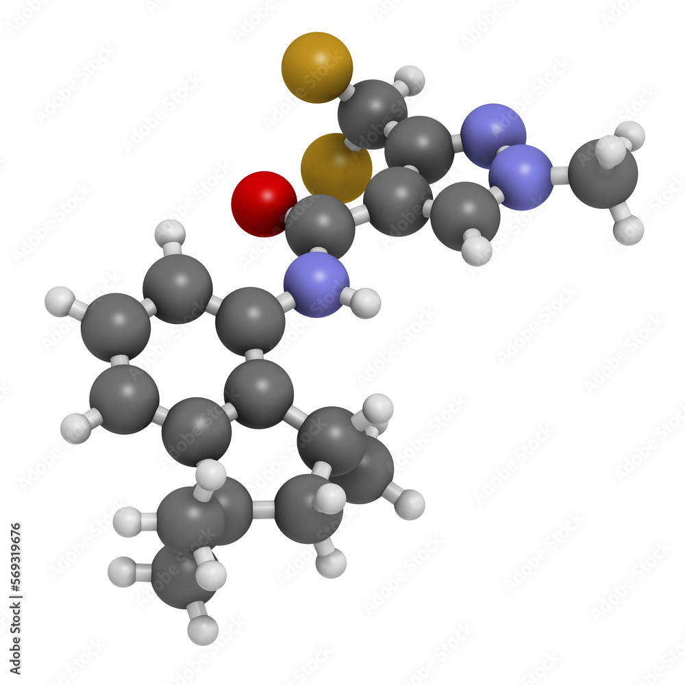 Inpyrfluxam fungicide molecule. 3D rendering. Inpyrfluxam fungicide molecule. 3D rendering.