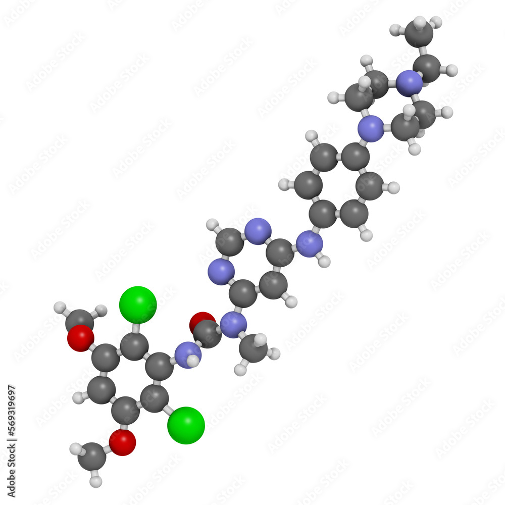 Infigratinib drug molecule. 3D rendering.