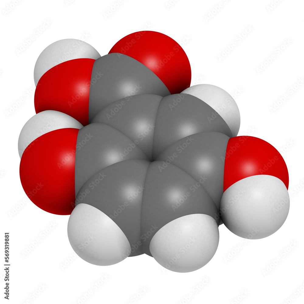 Gentisic acid molecule. 3D rendering. Gentisic acid molecule. 3D rendering.
